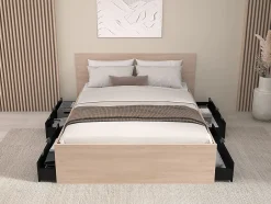 Vente-unique Lit avec 4 tiroirs 160 x 200 cm - Coloris : Naturel et noir - VELONA