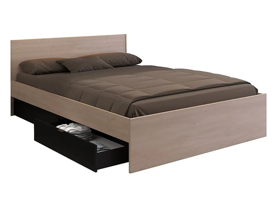 Vente-unique Lit avec 4 tiroirs 160 x 200 cm - Coloris : Naturel et noir - VELONA