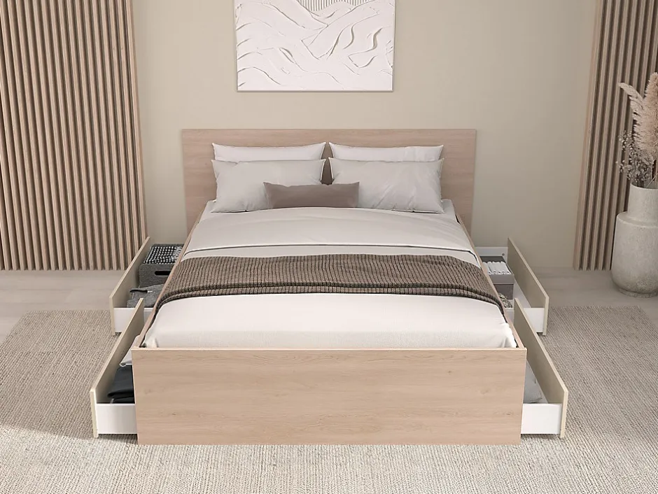 Vente-unique Lit avec 4 tiroirs 140 x 190 cm - coloris : Naturel et beige - VELONA