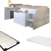 Enfant Vente-unique Lit avec bureau et rangements - 90 x 190/200 cm - Blanc et naturel + Sommier + Matelas - GISELE