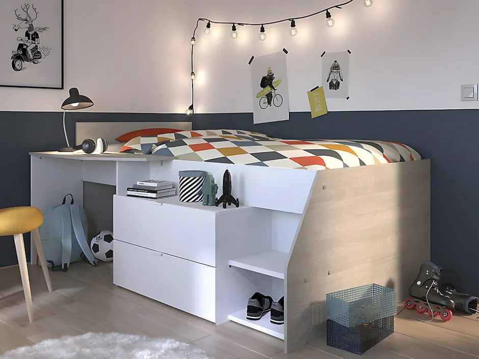 Enfant Vente-unique Lit avec bureau et rangements - 90 x 190/200 cm - Blanc et naturel + Sommier + Matelas - GISELE