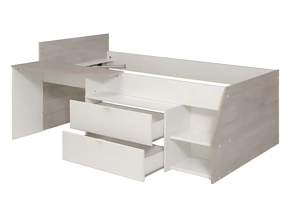 Vente-unique Lit avec bureau et rangements - 90 x 190/200 cm - Blanc et naturel - GISELE Best