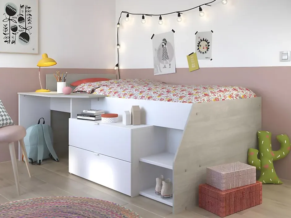 Vente-unique Lit avec bureau et rangements - 90 x 190/200 cm - Blanc et naturel - GISELE Best