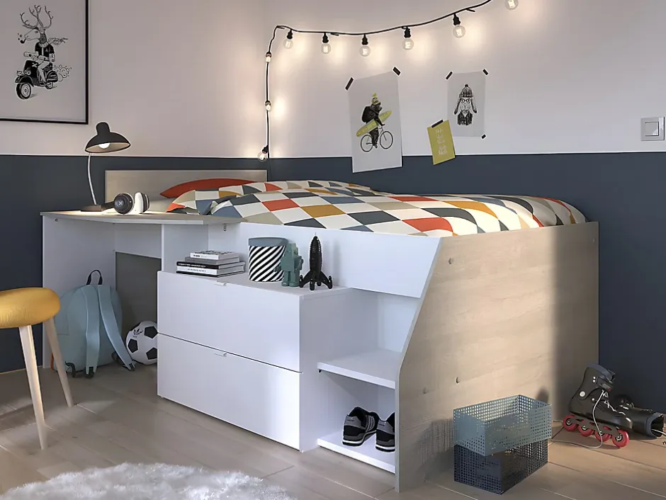 Vente-unique Lit avec bureau et rangements - 90 x 190/200 cm - Blanc et naturel - GISELE Best