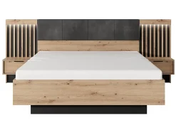 Vente-unique Lit avec chevets 160 x 200 cm - Avec LEDs - Coloris : Naturel et noir + Sommier + Matelas - ARIADA Sale