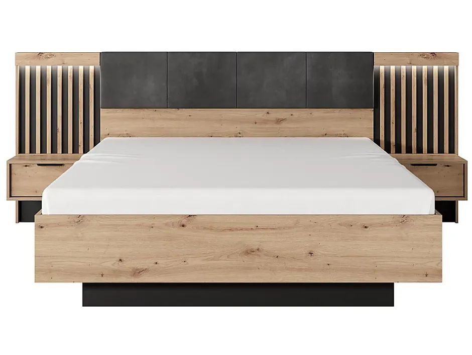 Vente-unique Lit avec chevets 160 x 200 cm - Avec LEDs - Coloris : Naturel et noir + Sommier + Matelas - ARIADA Sale