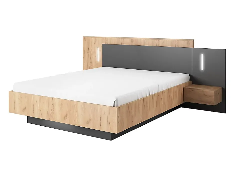 Vente-unique Lit avec chevets 140 x 190 cm - 2 tiroirs - Avec LEDs - Coloris : Naturel et anthracite - FRANCOLI New