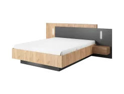 Vente-unique Lit avec chevets 160 x 200 cm - 2 tiroirs - Avec LEDs - Coloris : Naturel et anthracite + Sommier - FRANCOLI Discount