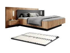Vente-unique Lit avec chevets 160 x 200 cm - 2 tiroirs - Avec LEDs - Coloris : Naturel et anthracite + Sommier - FRANCOLI Discount
