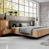 Vente-unique Lit avec chevets 160 x 200 cm - 2 tiroirs - Avec LEDs - Coloris : Naturel et anthracite + Sommier + Matelas - FRANCOLI Outlet