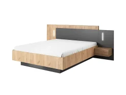 Vente-unique Lit avec chevets 160 x 200 cm - 2 tiroirs - Avec LEDs - Coloris : Naturel et anthracite + Sommier + Matelas - FRANCOLI Outlet