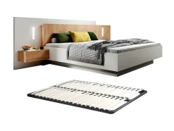 Vente-unique Lit avec chevets 160 x 200 cm - 2 tiroirs - Avec LEDs - Coloris : Blanc et naturel + Sommier - FRANCOLI