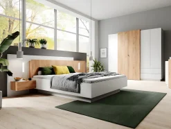 Vente-unique Lit avec chevets 160 x 200 cm - 2 tiroirs - Avec LEDs - Coloris : Blanc et naturel + Sommier - FRANCOLI