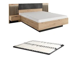 Vente-unique Lit avec chevets 160 x 200 cm - Avec LEDs - Coloris : Naturel et noir + Sommier - ARIADA