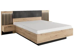 Vente-unique Lit avec chevets 160 x 200 cm - Avec LEDs - Coloris : Naturel et noir + Sommier - ARIADA