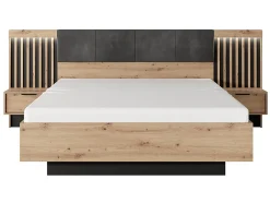 Vente-unique Lit avec chevets 160 x 200 cm - Avec LEDs - Coloris : Naturel et noir + Sommier - ARIADA