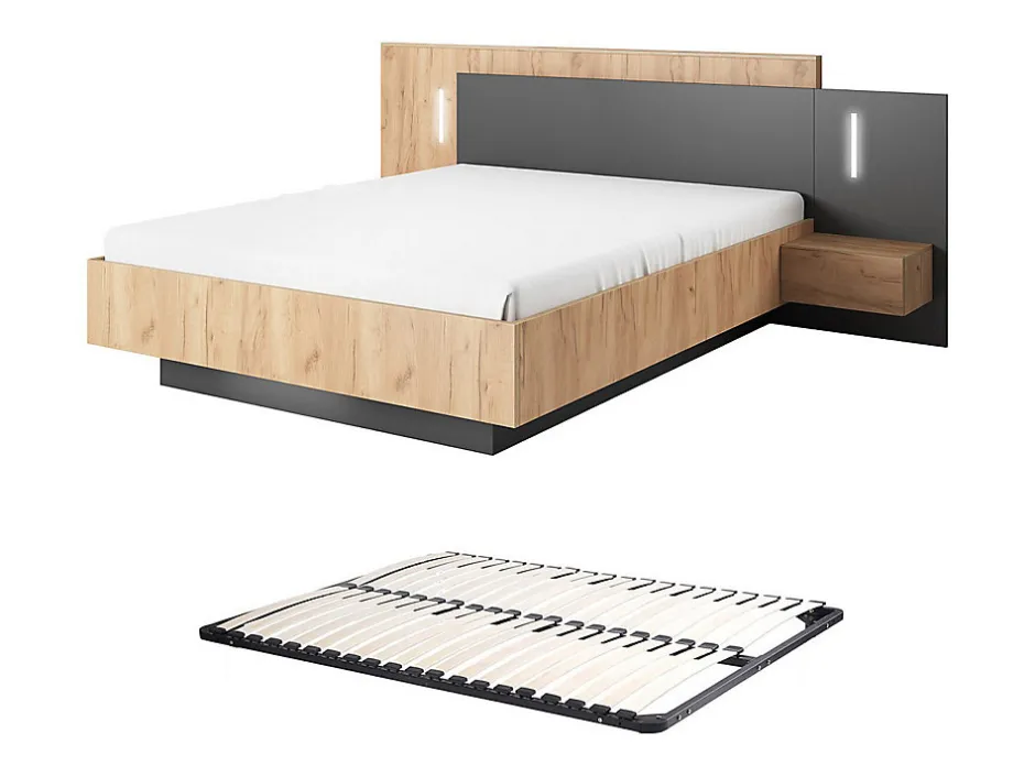 Vente-unique Lit avec chevets 140 x 190 cm - 2 tiroirs - Avec LEDs - Coloris : Naturel et anthracite + Sommier - FRANCOLI