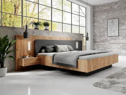 Vente-unique Lit avec chevets 140 x 190 cm - 2 tiroirs - Avec LEDs - Coloris : Naturel et anthracite + Sommier - FRANCOLI