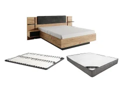 Vente-unique Lit avec chevets 160 x 200 cm - Avec LEDs - Coloris : Naturel et anthracite + Sommier + Matelas - ELYNIA
