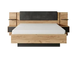 Vente-unique Lit avec chevets 160 x 200 cm - Avec LEDs - Coloris : Naturel et anthracite + Sommier + Matelas - ELYNIA