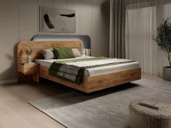 Vente-unique Lit avec chevets 160 x 200 cm - Avec LEDs - Coloris : Naturel et anthracite + Sommier - DESADO Discount