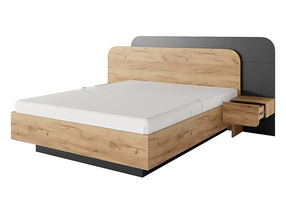 Vente-unique Lit avec chevets 160 x 200 cm - Avec LEDs - Coloris : Naturel et anthracite + Sommier - DESADO Discount