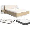 Vente-unique Lit avec chevets 160 x 200 cm - Avec LEDs - Coloris : Beige et naturel + Sommier + Matelas - LYORIMA
