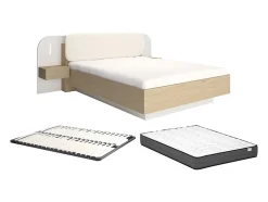 Vente-unique Lit avec chevets 160 x 200 cm - Avec LEDs - Coloris : Beige et naturel + Sommier + Matelas - LYORIMA