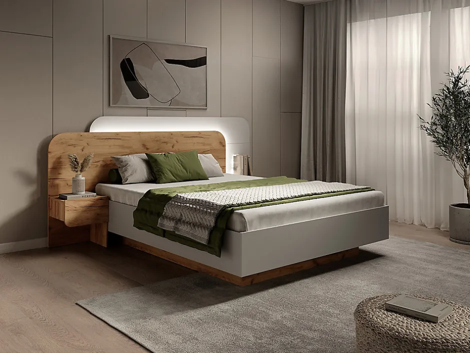 Vente-unique Lit avec chevets 160 x 200 cm - Avec LEDs - Coloris : Naturel et blanc + Sommier - DESADO