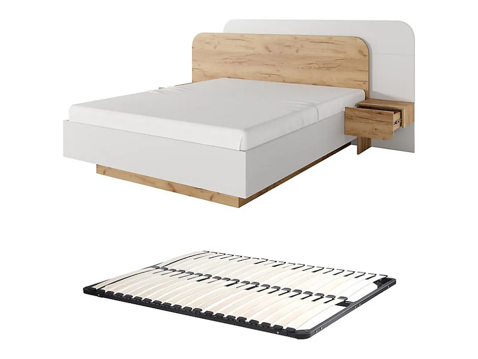 Vente-unique Lit avec chevets 160 x 200 cm - Avec LEDs - Coloris : Naturel et blanc + Sommier - DESADO