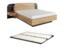 Vente-unique Lit avec chevets 160 x 200 cm - Avec LEDs - Coloris : Naturel et noir + Sommier - JUVISIA