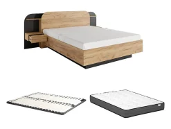 Vente-unique Lit avec chevets 160 x 200 cm - Avec LEDs - Coloris : Naturel et noir + Sommier + Matelas - JUVISIA