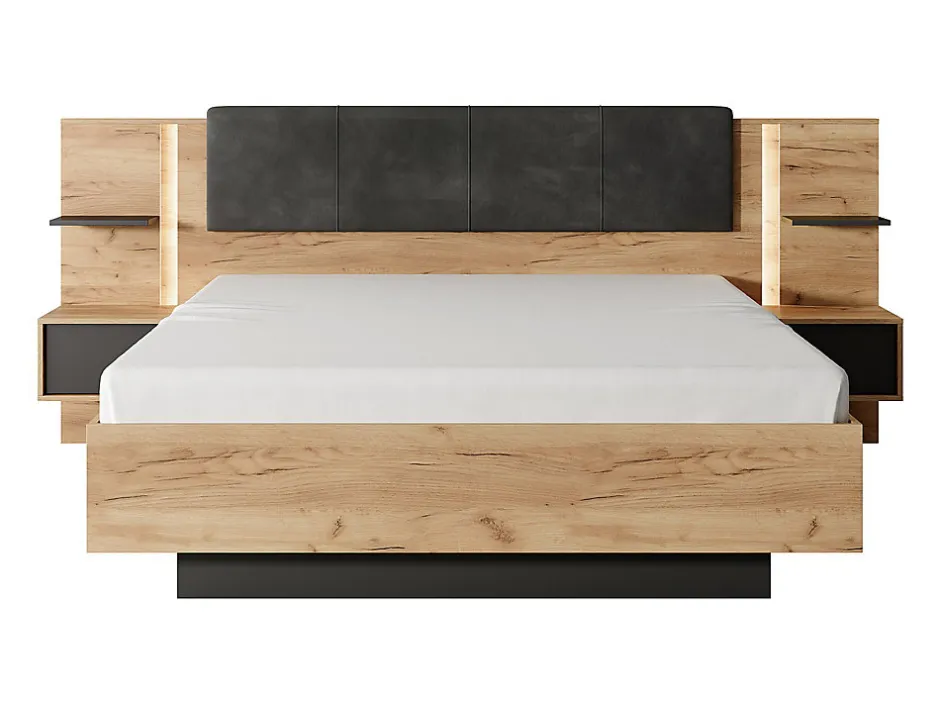 Vente-unique Lit avec chevets 140 x 190 cm - Avec LEDs - Coloris : Naturel et anthracite - ELYNIA