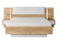 Vente-unique Lit avec chevets 160 x 200 cm - Avec LEDs - Coloris : Naturel et blanc + Sommier - ELYNIA