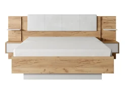 Vente-unique Lit avec chevets 160 x 200 cm - Avec LEDs - Coloris : Naturel et blanc + Sommier - ELYNIA