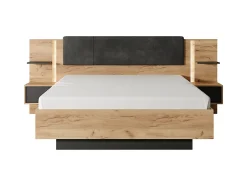 Vente-unique Lit avec chevets 160 x 200 cm - Avec LEDs - Coloris : Naturel et anthracite + Sommier + Matelas - ELYNIA