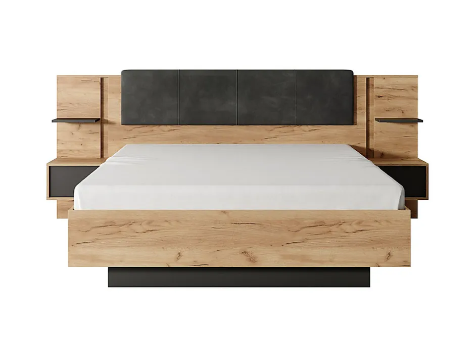 Vente-unique Lit avec chevets 160 x 200 cm - Avec LEDs - Coloris : Naturel et anthracite + Sommier + Matelas - ELYNIA