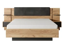 Vente-unique Lit avec chevets 140 x 190 cm - Avec LEDs - Coloris : Naturel et anthracite + Sommier - ELYNIA Clearance