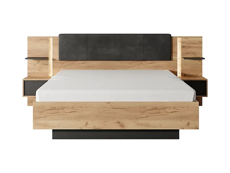 Vente-unique Lit avec chevets 160 x 200 cm - Avec LEDs - Coloris : Naturel et anthracite + Sommier + Matelas - ELYNIA Sale