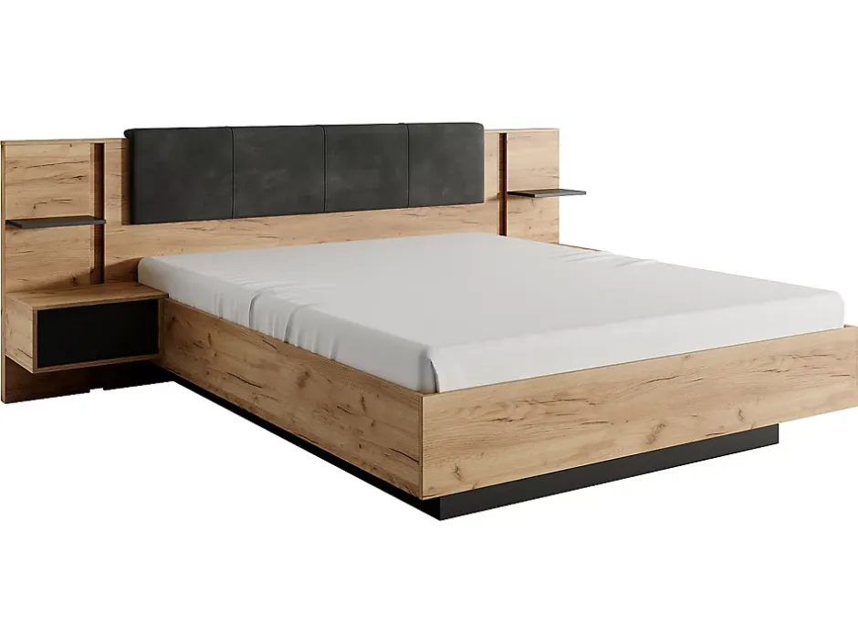 Vente-unique Lit avec chevets 160 x 200 cm - Avec LEDs - Coloris : Naturel et anthracite + Sommier + Matelas - ELYNIA Sale
