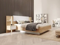 Vente-unique Lit avec chevets 160 x 200 cm - Avec LEDs - Coloris : Naturel et blanc + Sommier + Matelas - ELYNIA Hot