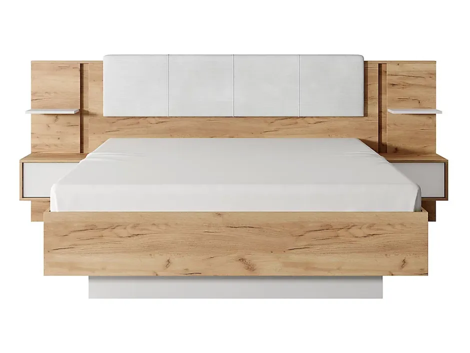 Vente-unique Lit avec chevets 160 x 200 cm - Avec LEDs - Coloris : Naturel et blanc + Sommier + Matelas - ELYNIA Hot