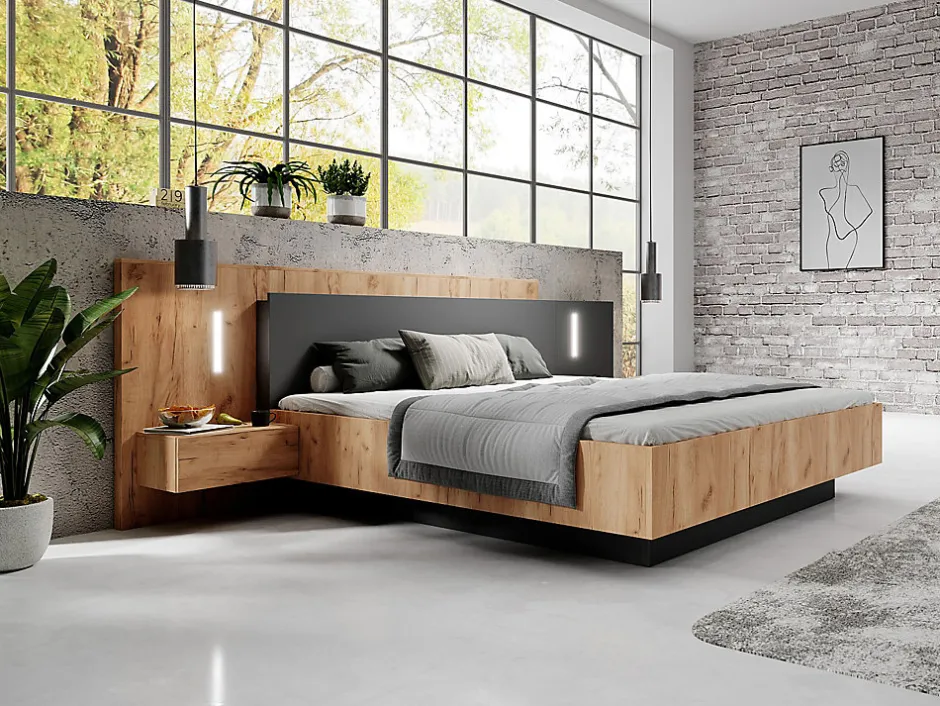 Vente-unique Lit avec chevets 140 x 190 cm - 2 tiroirs - Avec LEDs - Coloris : Naturel et anthracite + Sommier + Matelas - FRANCOLI
