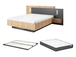 Vente-unique Lit avec chevets 140 x 190 cm - 2 tiroirs - Avec LEDs - Coloris : Naturel et anthracite + Sommier + Matelas - FRANCOLI