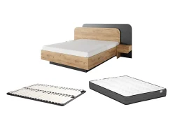 Vente-unique Lit avec chevets 160 x 200 cm - Avec LEDs - Coloris : Naturel et anthracite + Sommier + Matelas - DESADO