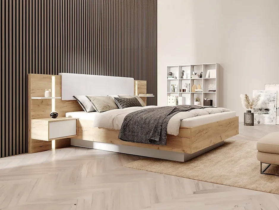Vente-unique Lit avec chevets 160 x 200 cm - Avec LEDs - Coloris : Naturel et blanc + Sommier + Matelas - ELYNIA Outlet
