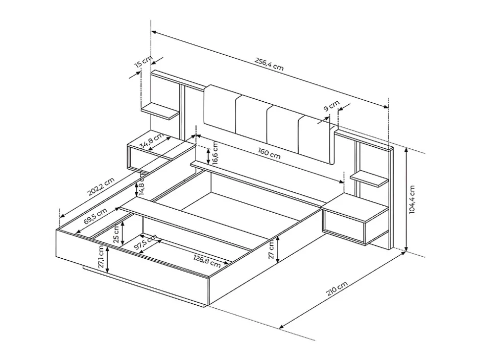 Vente-unique Lit avec chevets 160 x 200 cm - Avec LEDs - Coloris : Naturel et blanc + Sommier + Matelas - ELYNIA Outlet