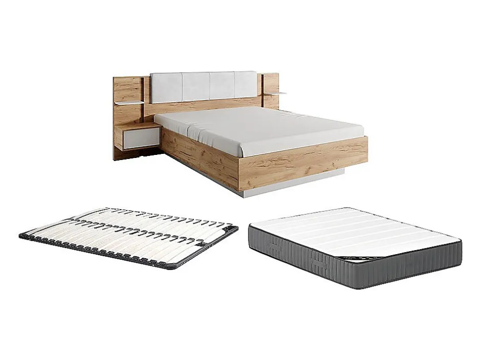 Vente-unique Lit avec chevets 160 x 200 cm - Avec LEDs - Coloris : Naturel et blanc + Sommier + Matelas - ELYNIA Outlet