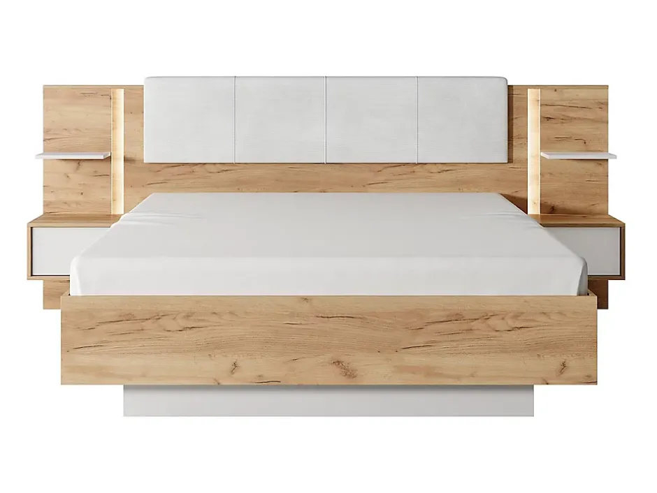 Vente-unique Lit avec chevets 160 x 200 cm - Avec LEDs - Coloris : Naturel et blanc + Sommier + Matelas - ELYNIA Outlet