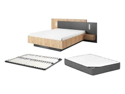 Vente-unique Lit avec chevets 140 x 190 cm - 2 tiroirs - Avec LEDs - Coloris : Naturel et anthracite + Sommier + Matelas - FRANCOLI